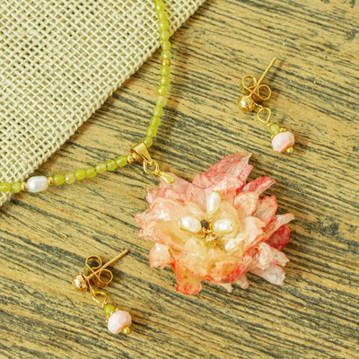 Natural flower and gemstone jewelry set, Begonia Beauty