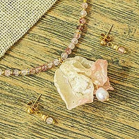 Gold accented natural flower and beryl jewelry set, 'Bougainvillea Romance' - Natural Flower and Beryl Jewelry Set