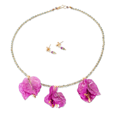 Peridot and natural flower jewelry set, 'Bougainvillea Beauty' - Natural Flower Jewelry Set with Gemstones