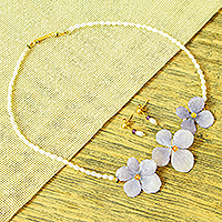 Conjunto de joyas de perlas cultivadas y flores naturales, 'Hydrangea Treasure' - Conjunto de joyas de hortensias naturales y perlas cultivadas