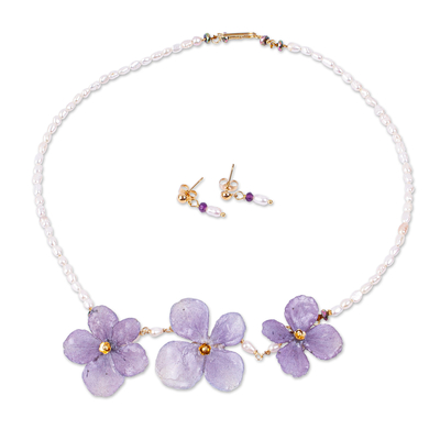 Natural Hydrangea and Cultured Pearl Jewelry Set
