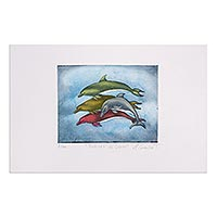 Aquatint print, 'colourful Dolphins' - Aquatint Print of Dolphins
