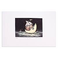 Impresión de aguatinta, 'Luna de papel' - Impresión de aguatinta de luna surrealista