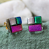 Fused glass stud earrings, 'Fabulous Fusion' - Handmade Fused Glass Earrings