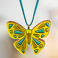 Fused glass pendant necklace, 'Sunny Butterfly' - Butterfly Fused Glass Pendant Necklace Handcrafted in Mexico