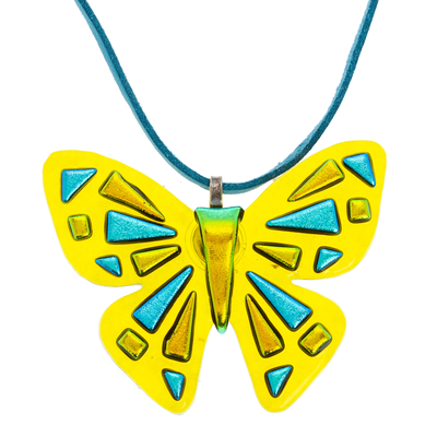 Fused glass pendant necklace, 'Sunny Butterfly' - Yellow Fused Glass Butterfly Necklace