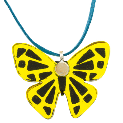 Fused glass pendant necklace, 'Sunny Butterfly' - Yellow Fused Glass Butterfly Necklace