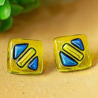 Art glass stud earrings, 'Sun Fusion' - Handmade Yellow and Blue Fused Glass Earrings