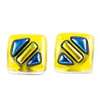 Art glass stud earrings, 'Sun Fusion' - Handmade Yellow and Blue Fused Glass Earrings