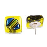 Art glass stud earrings, 'Sun Fusion' - Handmade Yellow and Blue Fused Glass Earrings
