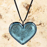 Dichroic art glass pendant necklace, 'Heart of Silver' - Silver Heart Dichroic Glass Necklace