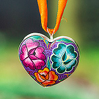 Wood pendant necklace, 'Heart of Beauty' - Hand Painted Heart Necklace