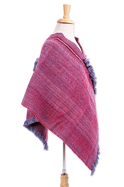 Wool poncho, 'Teotitlan Trek' - Red and Blue Wool Poncho