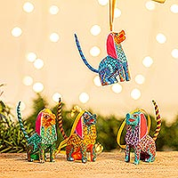 Wood alebrije ornaments, 'Happy Dogs' (set of 4) - colourful Dog Alebrije Ornaments (Set of 4)