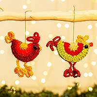 Crocheted ornaments, 'Charming Chickens' (pair) - Handmade Chicken Ornaments