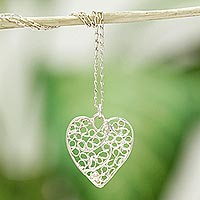 Sterling silver filigree pendant necklace, 'Heart Source' - Heart-Shaped Pendant Necklace