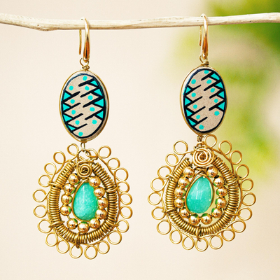 Gold plated ceramic dangle earrings, 'Mixed Media in Turquoise' - Ceramic and Crystal Gold Plated Earrings