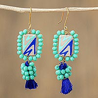 Ceramic beaded dangle earrings, 'Chihuahua Charm in Blue' - Blue Beaded Dangle Earrings