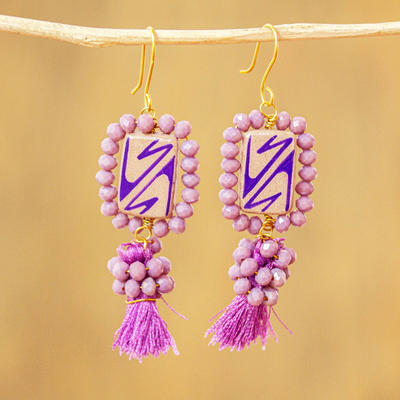 Ceramic beaded dangle earrings, 'Chihuahua Charm in Lilac' - Handmade Bead Earrings