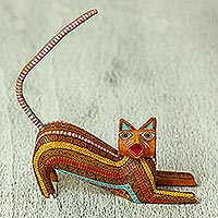 Wood alebrije sculpture, 'Relaxed Cat' - Cat Alebrije Figurine from Mexico