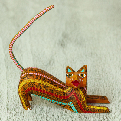 Wood alebrije sculpture, 'Relaxed Cat' - Cat Alebrije Figurine from Mexico