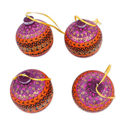 Wood alebrije ornaments, 'Oaxacan Sunrise' (set of 4) - Artisan Crafted Wood Alebrije Ornaments