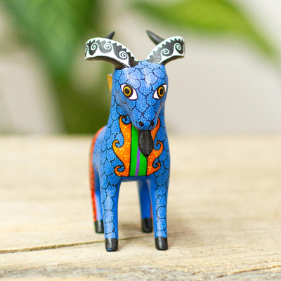 Wood alebrije sculpture, 'Blue Goat' - Artisan Crafted Goat Alebrije