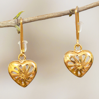 Gold-plated dangle earrings, 'Golden Love' - Heart-Shaped Dangle Earrings