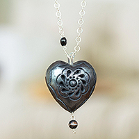 Ceramic pendant necklace, 'Heart of Oaxaca' - Barro Negro Pendant Necklace