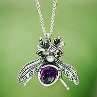 Amethyst and cultured pearl pendant necklace, 'Bright Flight' - Cultured Pearl and Amethyst Pendant Necklace
