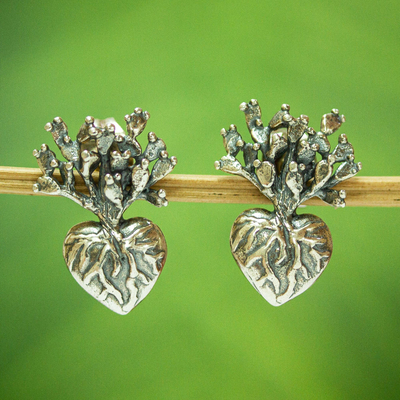 Sterling silver drop earrings, 'Root of Life' (.6 inch) - Handmade Heart Cacti Earrings (.6 inch)