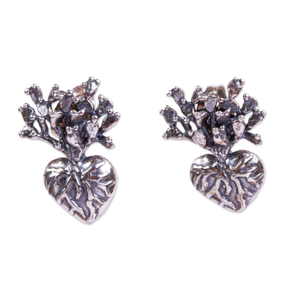 Sterling silver drop earrings, 'Root of Life' (.6 inch) - Handmade Heart Cacti Earrings (.6 inch)