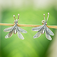 Sterling silver drop earrings, 'Delicate Wings' - Handmade Dragonfly Earrings