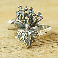 Sterling silver cocktail ring, 'Root of Life' (.4 inch) - Artisan Crafted Cactus Ring (.4 Inch)