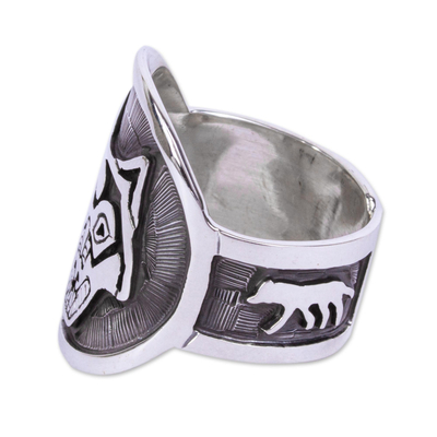 Men's sterling silver ring, 'Moon Wolf' - Wolf Motif Men's Ring