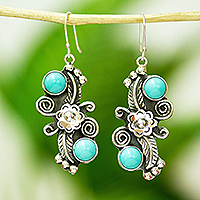 Turquoise dangle earrings, 'Traditional Blooms' - Floral Turquoise Earrings