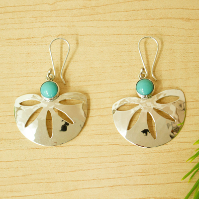 Turquoise dangle earrings, 'Sleek Serenity' - Modern Taxco Silver and Natural Turquoise Earrings