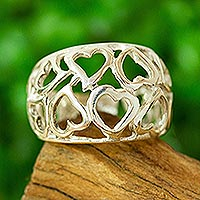 Sterling silver domed ring, Hearts Galore