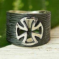 Men's sterling silver band ring, 'Pattee Cross' - Pattee Cross Taxco Silver Textured Band Men's Ring