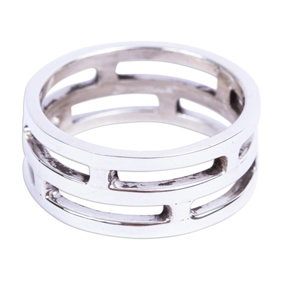 Men's sterling silver band ring, 'Open Lines' - Modern Men's Taxco Silver Ring