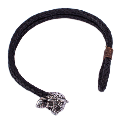 Men's sterling silver accent leather bracelet, 'Jaguar Warrior Strength' - Men's Taxco Silver & Black Leather Jaguar Knight Bracelet