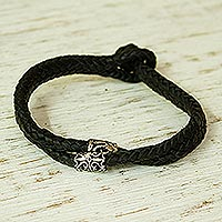 Men's sterling silver accent leather bracelet, 'Cultures' - Silver & Braided Black Leather Men's Bracelet from Taxco