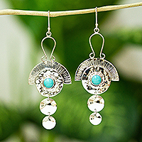 Turquoise dangle earrings, 'Aztec Halo' - Aztec Style Taxco Silver and Natural Turquoise Earrings