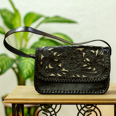 Leather shoulder bag, 'Graceful Garden' - Black Floral Shoulder Bag