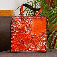 Leather tote bag, 'Hibiscus Garden' - Handcrafted Leather Tote