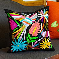 Cotton cushion cover, 'Tenango Night' - Tenango Style Embroidered Cushion Cover With Zipper