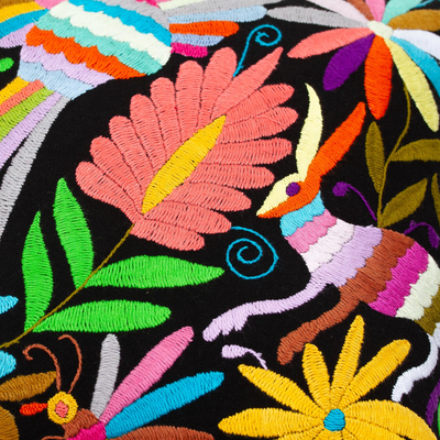 Cotton cushion cover, 'Tenango Night' - Tenango Style Embroidered Cushion Cover With Zipper