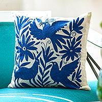 Cotton cushion cover, 'Tenango in Blue' - Blue Embroidered Mexican Manta Throw Pillow Cushion Cover