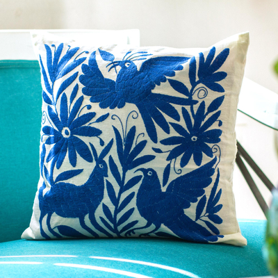 Embroidered cushion cover, 'Tenango in Blue' - Blue Embroidered Mexican Manta Throw Pillow Cushion Cover