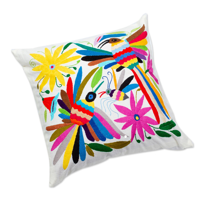 Cotton cushion cover, 'Multicolor Tenango' - Cotton Zippered Throw Pillow Cushion with Tenango Embroidery